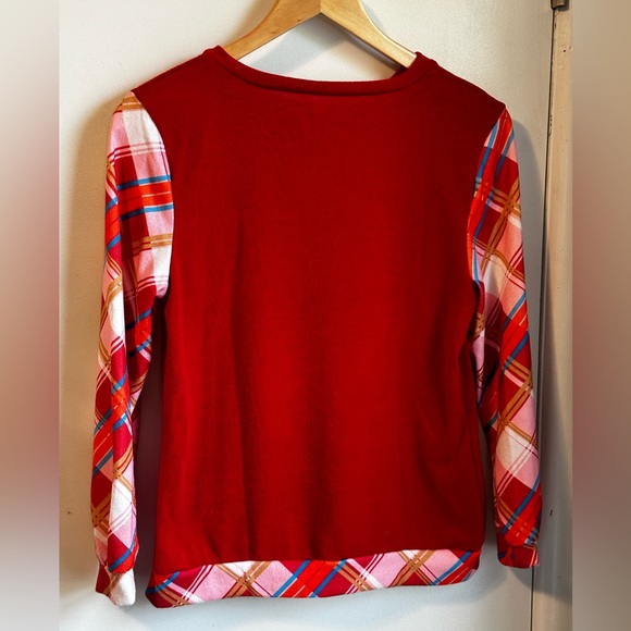 EQ- red sweater plaid colourful trim. Slight pilling. Beautiful sweater - Picture 5 of 9